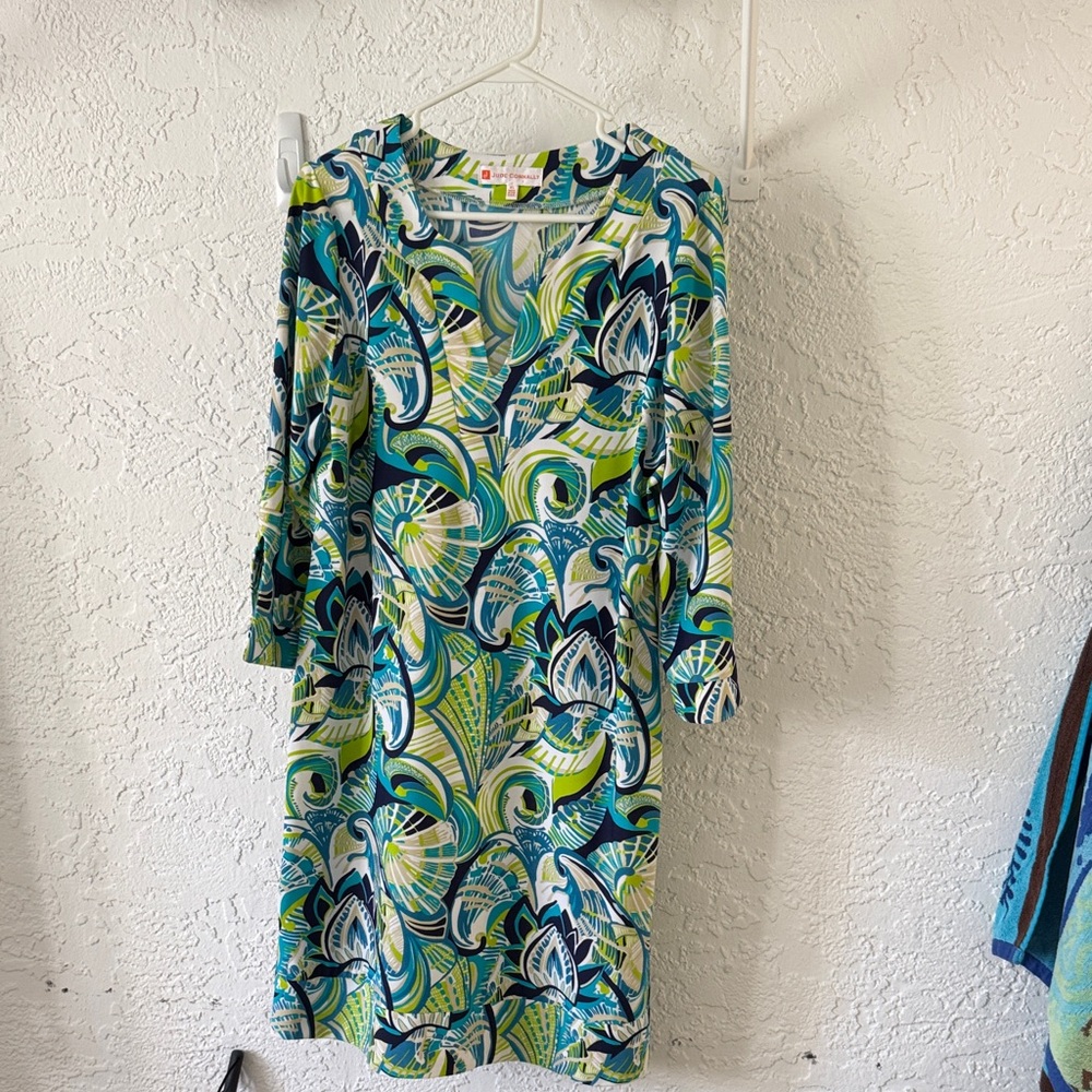 Blue green, white and navy print dress, V-neck 3/4sleeve with slit, slits at hem